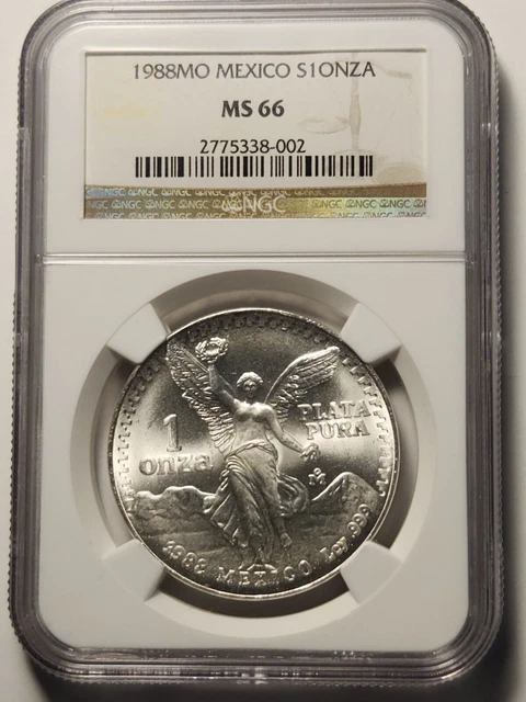 NGC MS66 1988 Mexico Onza 1 Oz Silver Libertad Coin - Older Brown Label Slab.Wow