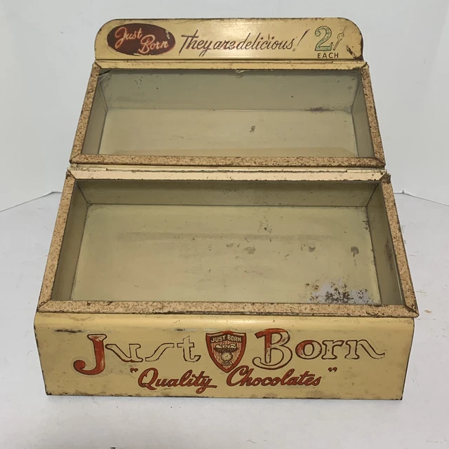 Antique display Just Born Candy Chocolate case tin & glass advertising Vintage