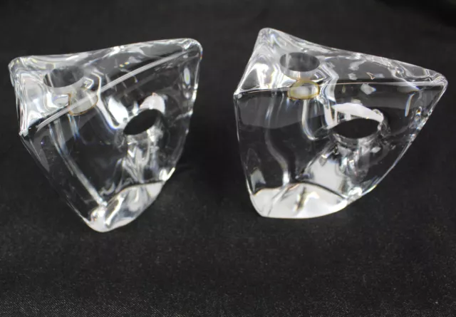 (2) Vintage Daum France Glass Crystal Triangle Candlestick Candle Holders, MCM