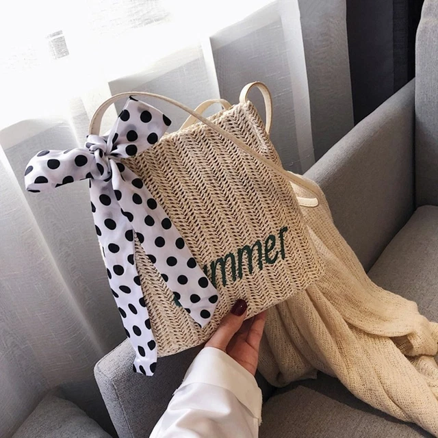 Rattan Bucket Bag for Women Straw Beach Bag Drawstring Crossbody Purse PU Leather, White main image 0