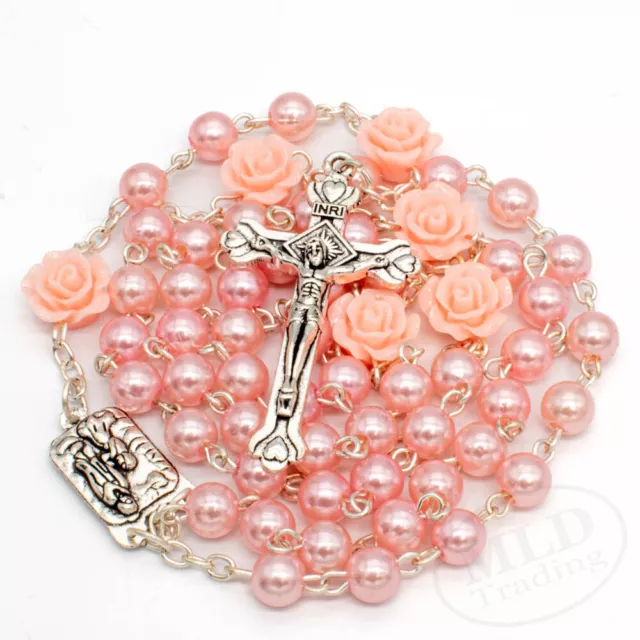 Pink Pearl Beads Roses Rosary 6mm Necklace Lourdes Center Jerusalem Crucifix 18"