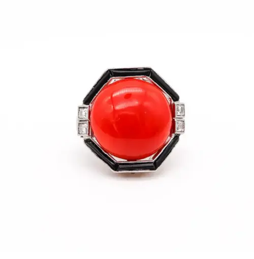 Art Deco Handmade Huge Orange Coral, Black Onyx & White CZ Antique Women's Ring