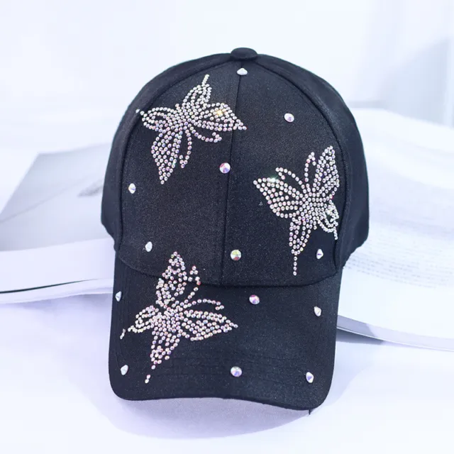 Women Sun Hats Adjustable Diamond Butterfly Baseball Caps Crystal Polo Strapback