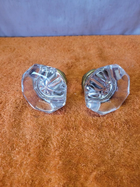 T•Vintage PAIR 12 Point Crystal Glass Door knob Antique Golden Brass
