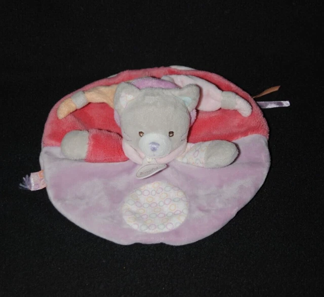 Doudou chat Nina rond plat BABY'NAT mauve rose orange bonnet TTBE