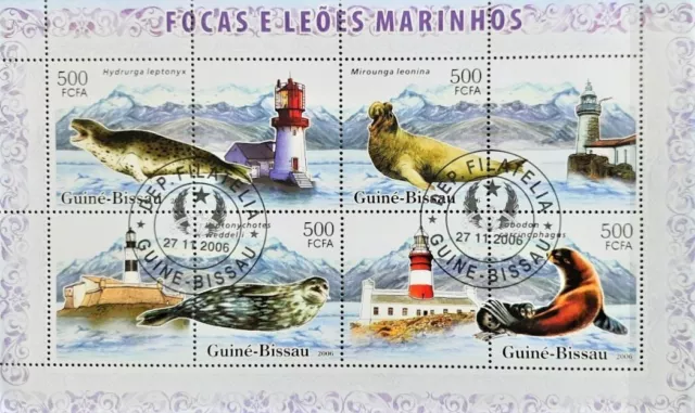 161. Guine Bissau 2006 Usato Francobollo S/S Foche E Mare Leoni, Faro