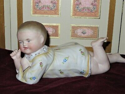 Precious Larger Size 9" Long Antique German Hand Painted Porcelain Piano Baby!