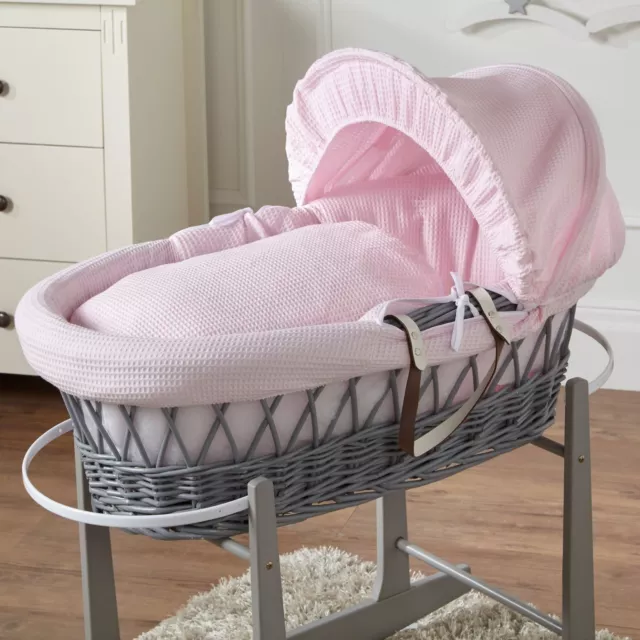 FYLO Pink Waffle Grey Wicker Baby Moses Basket With Mattress