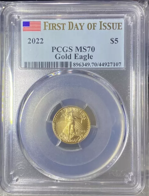 2022 1/10 Oz $5 American Gold Eagle Pcgs Ms70 First Day Of Issue Freshly Graded!