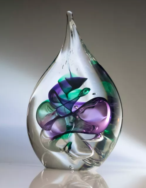 Adam Jablonski Studio, Purple Green Encased Teardrop Crystal Paperweight, Signed