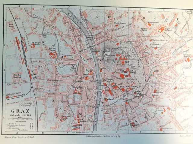 1903 ORIGINAL VINTAGE MAP Graz Austria Meyers Konversations-Lexikon C10-1