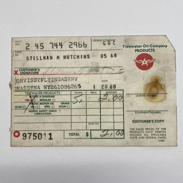 Flying A Gasoline 1968 Customer Copy Invoice Tidewater Oil Co