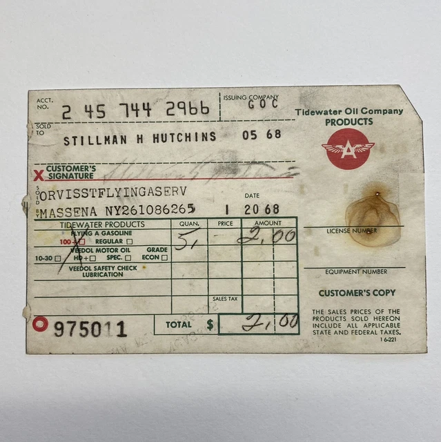 Flying A Gasoline 1968 Customer Copy Invoice Tidewater Oil Co