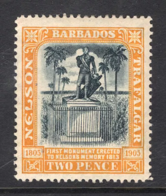 M23139 Barbados 1907 SG161 KEVII: Nelson 2d black & yellow. LMM, Cat £38