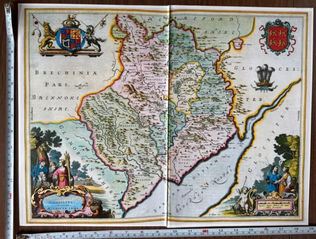 Rare Old Antique Tudor Blaeu Picture Map Monmouthshire Wales 1600s REPRINT