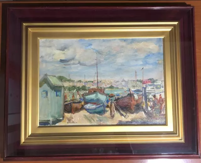 Errico Placido Painted Sea Landscape Boats Signed Oil Canvas 50.5x35.5cm