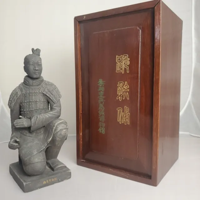 Vintage Chinese Kneeling Archer Statue 11” With Wood Box