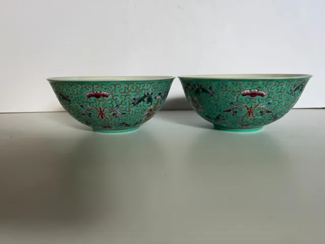 Pair Of Chinese famille Rose porcelain Turquoise Green Soup Bowls