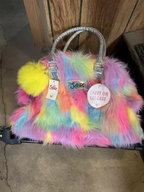 Justice Girls Fuzzy Rainbow Rolling Carry On Travel Bag Luggage Light Up NWT