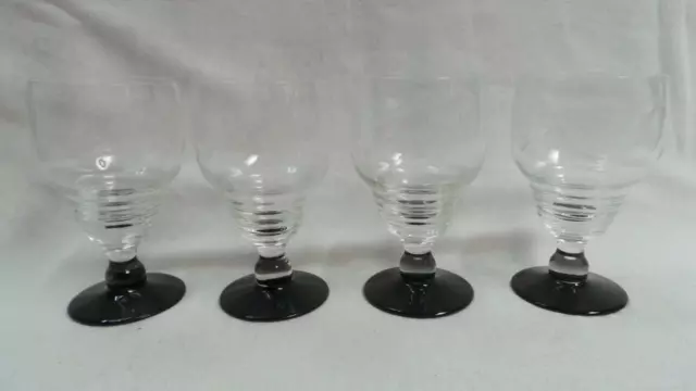 Retro Bohemia Art Glass Etched Black Base Medium Wine Glasses X 4 Czech