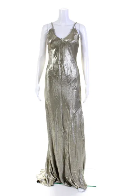 Rebecca de Ravenel Womens Metallic Spaghetti Strap V Neck Gown Gold Tone Size 6