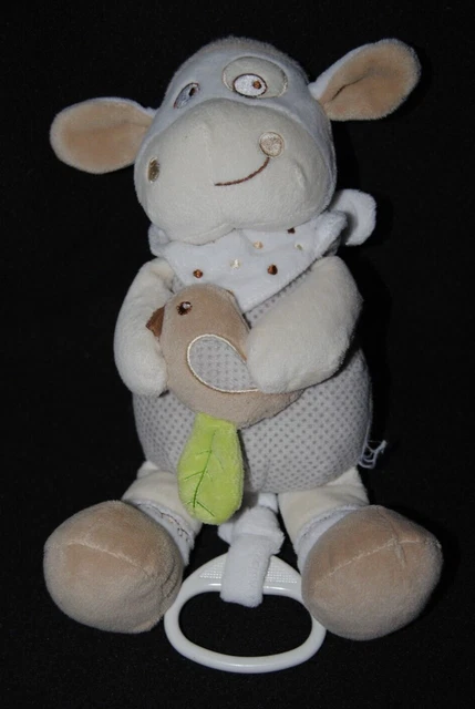 Peluche doudou mouton beige musical MOTS D'ENFANTS oiseau foulard 26 cm TTBE