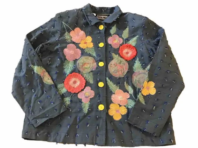 Vtg Indigo Moon Womens  Artsy Jacket Blue Large Embroidered Appliqué Spring
