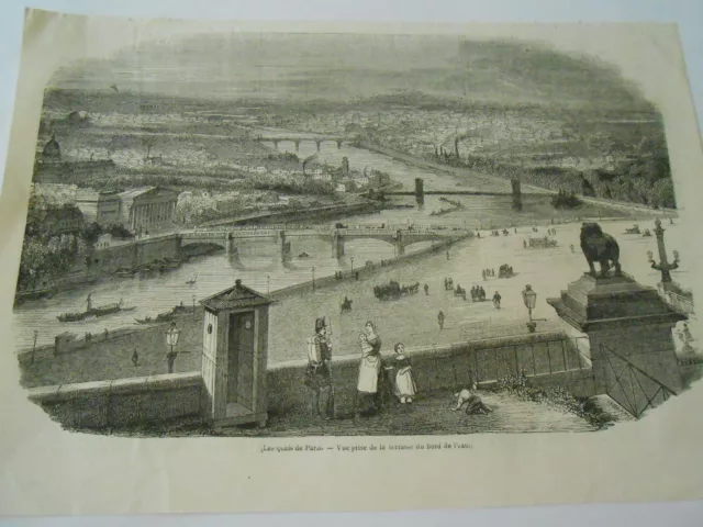 1846 engraving - Les quais de Paris view taken from the terrace of the waterfront