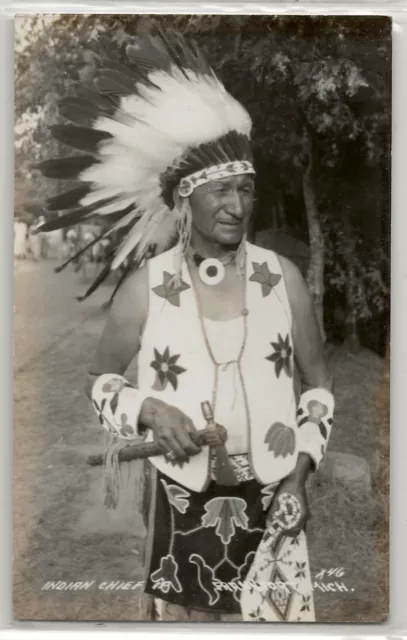 American Indian in costume, Frankfort, Michigan; photo postcard RPPC c. 1940