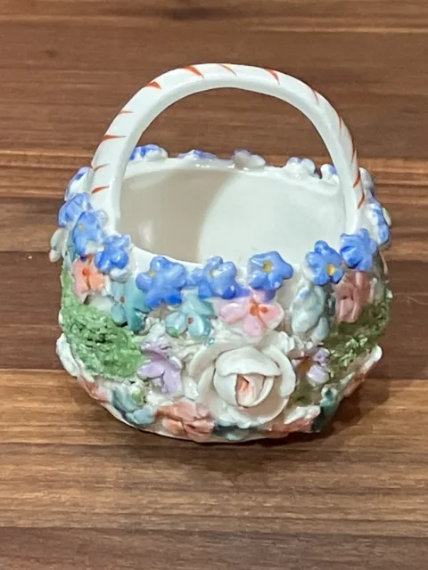 Elfinware / Mossware Small Handled Basket, Vintage German Porcelain