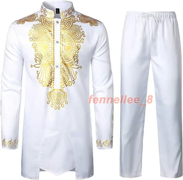 Mens African 2 Piece Set Traditional Suit Button Down Shirt and Pants Outfit