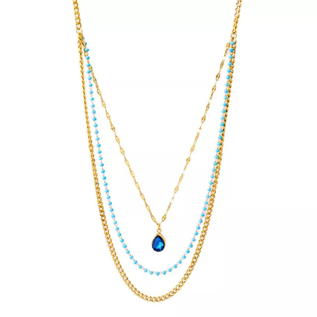 Womens Blue Crystal Drop Pendant 18K Gold Plated Titanium Steel Tassel Necklace 2