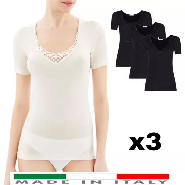 Maglia Intima Donna 100% Caldo Cotone Felpato Mezza Manica Corta Termica Pizzo