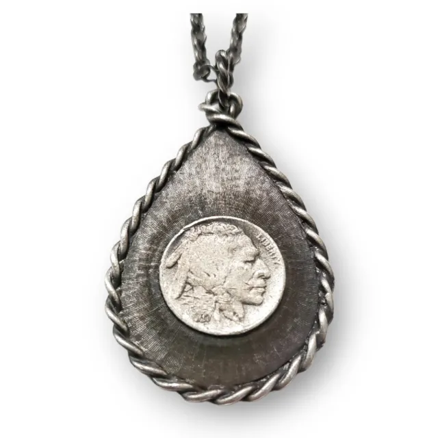 Vintage Sarah Coventry Indian Head Coin Pewter Pendant Stainless Steel Necklace