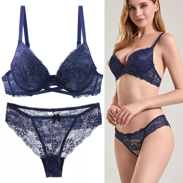 UK Sexy Embroidery Floral Lace Padded Push Up Plunge Bra Set Lingerie Underwear