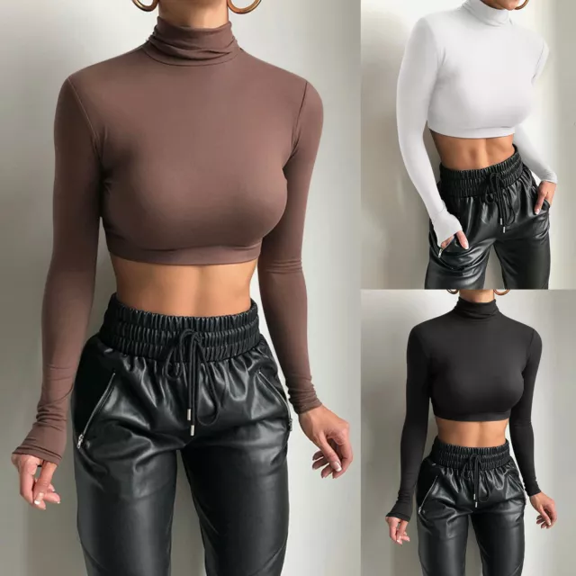 Womens Sexy Tight Slim Shirt Long Sleeve Blouse Tank Vest Fitness Crop Tops