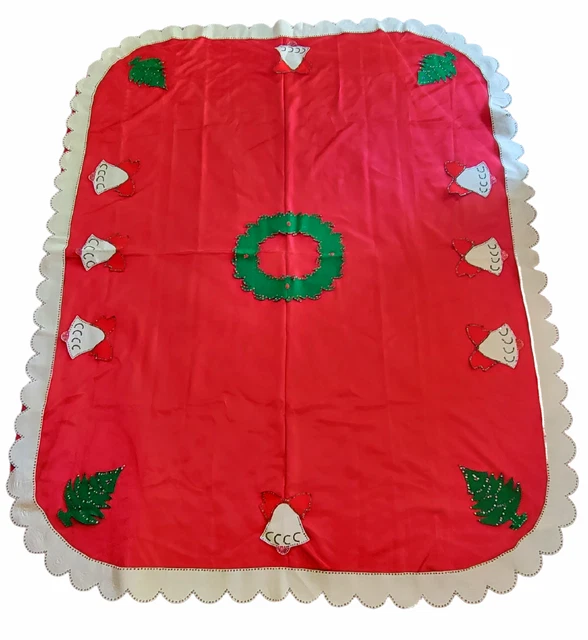Mid Century Handmade Tulle Net Christmas Tablecloth w/ Holiday Appliques 72x92