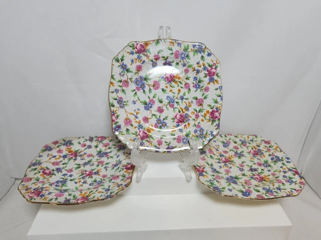 Lot of 3 Vtg ROYAL WINTON Grimwades England Old Cottage Chintz Square Plates 6" 2