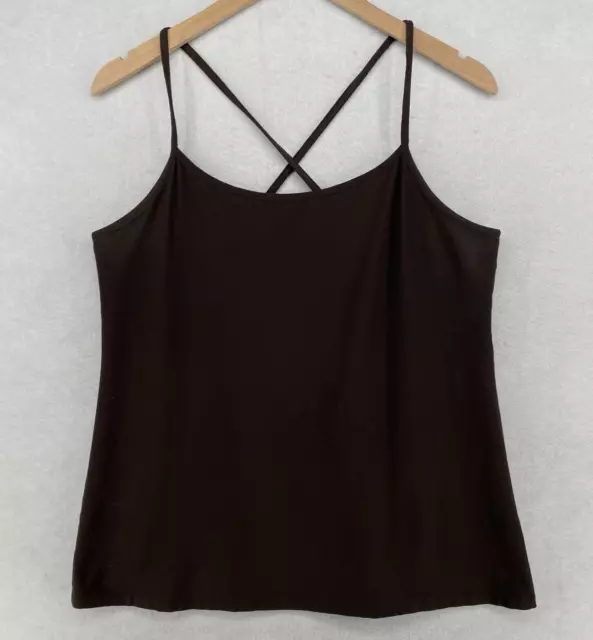 EILEEN FISHER Tank Top L Washable Stretch Crepe Cami Cross Back Shell Brown USA