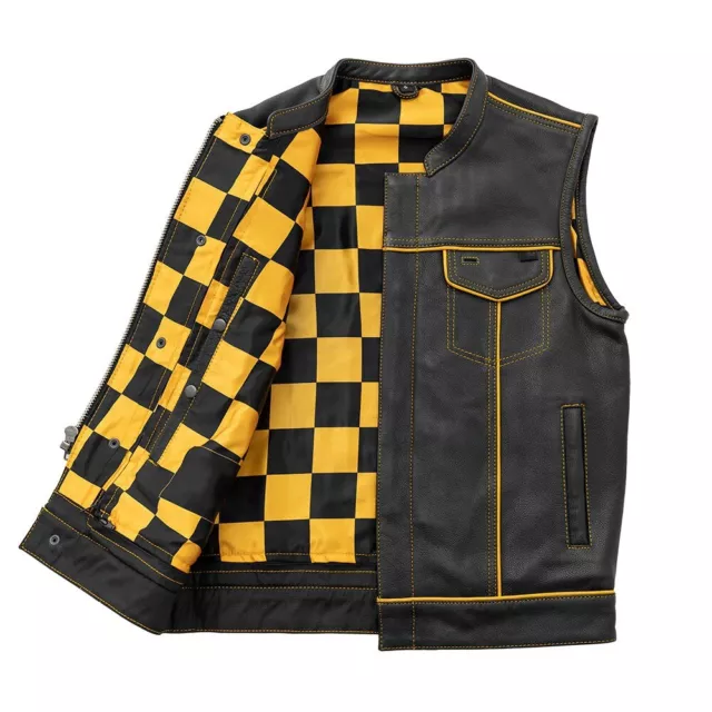 Mens Real Cowhide Leather Yellow Piping New Style Biker vest Motorbike Waistcoat 3