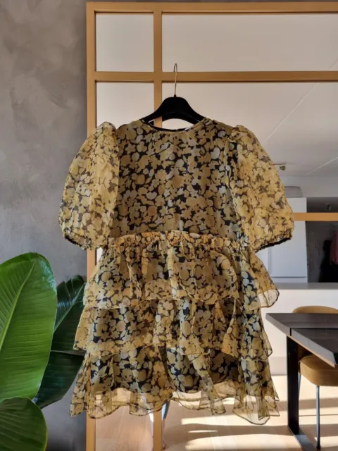 **GANNI** Yellow Floral-Print Organza Ruffle Mini Dress Size 40