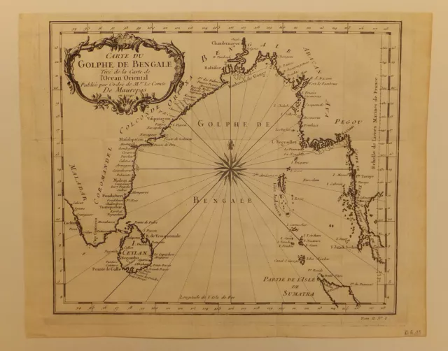 Indian Ocean - ancient map of the Bay of Bengal after Maurepas, 18th century