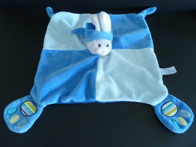 *. Doudou Gipsy Plat Lapin Bleu Gris Blanc Empreintes Carre - Excellent Etat 3