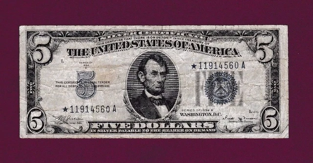 SCARCE  Fr.1652  $5  **STAR**  1934 B  SILVER CERTIFICATE NOTE SN * 11914560 A