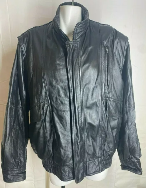 Men Black Leather Jacket Large Faux Fur Lining Desert Well Bomber Zip Up