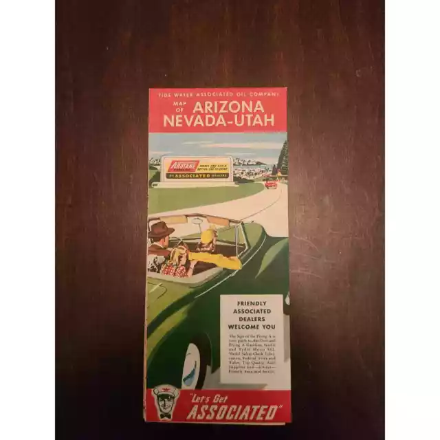 Arizona Nevada Utah Road Map Courtesy of Tide Water Associated Oil Co 1940's 2