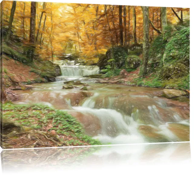 Waldbach im Herbst Bunstift Effekt Leinwandbild Wanddeko Kunstdruck