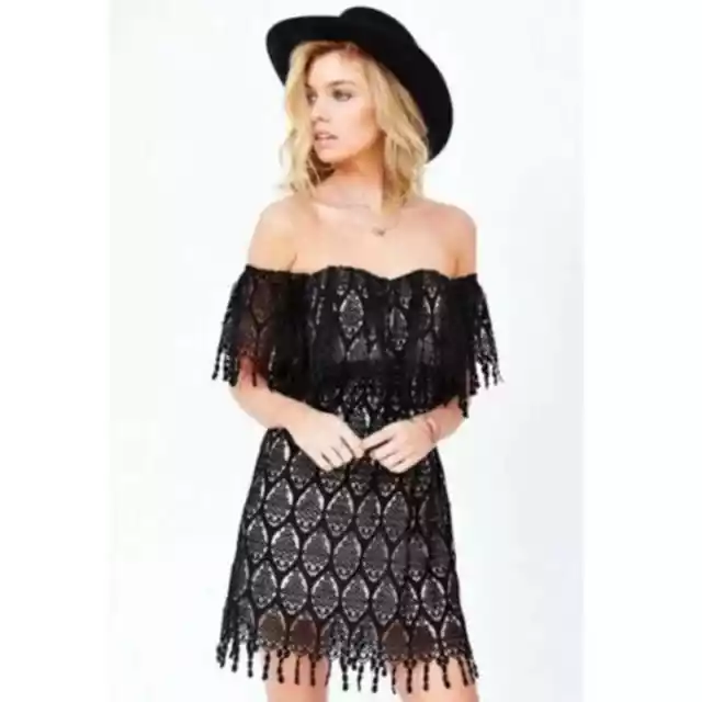 NWT Stone Cold Fox Black Lace Off Shoulder Fringe "Iowa" Dress Sz XS/S