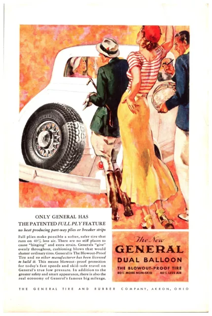 PRINT AD 1933 General Dual Balloon Blowout Proof Tires Watercolor Artwork