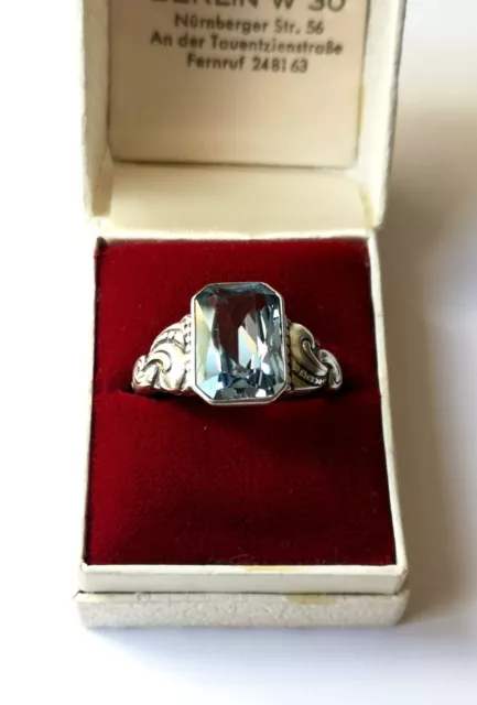 Antiker Jugendstil Ring aus 800er Silber mit hellblauem Schmuckstein, Größe 63